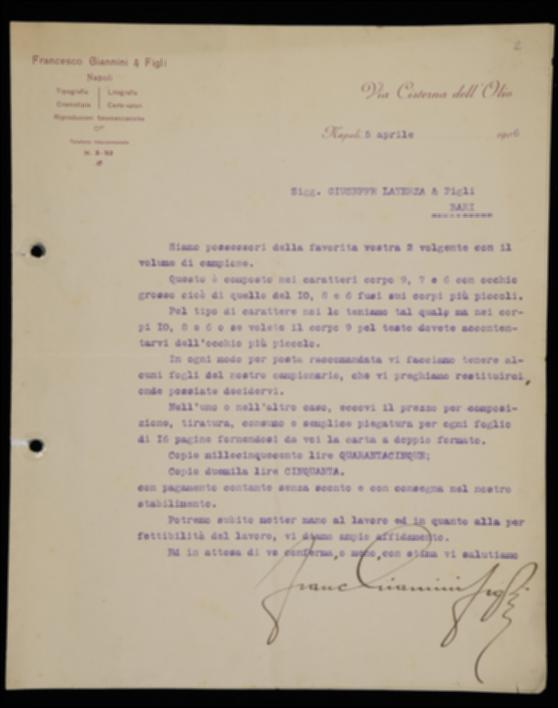 Nella lettera Francesco Giannini comunica a Giovanni Laterza di aver ricevuto il volume di campione “Hellás” di Aurelio G. Amatucci e che invierà il proprio campionario dei caratteri perché l'editore barese possa scegliere quelli che ritiene i migliore. Comunica inoltre il preventivo di costo per composizione, tiratura, consumo e piegatura dei fogli di stampa.
