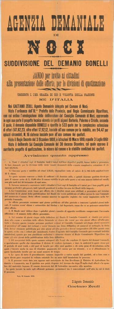 L'immagine è la riproduzione digitale di un Avviso Pubblico del 1895, facente parte del documento manoscritto Atti della seconda quotizzazione del Demanio Bonelli 1898 - Agenzia Demaniale di Noci, oggi conservato presso l'Archivio del Commissariato Regionale degli Usi Civici. Trattasi di un Bando per la presentazione delle offerte da parte dei cittadini, per la divisione in quote del Demanio disponibile Bonelli. Quest'ultimo ripartito in 533 quote per la complessiva estensione di ettari 517,82,23, oltre ettari 17,92,12, lasciate all'uso comune per la viabilità, are 94,47 per spiazzi circondati, N. 16 cisterne lasciate pure all'uso comune dei quotisti, così come rilevato dal progetto tecnico dei periti signori Barberio, Palermo e Ciriello.
