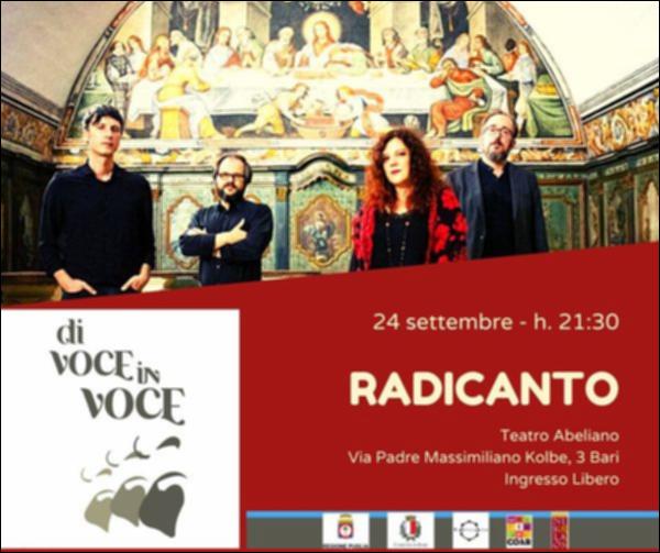 Il video presenta l’esibizione dei Radicanto insieme a Maria Giaquinto nella prima serata della XIV edizione del Festival “Di voce in voce” (24 settembre 2022), presso il Teatro Abeliano di Bari. Per l’occasione i musicisti hanno presentato sul palco il loro nuovo disco, già di grande successo nazionale e internazionale, "Alle Radici del Canto".
La XIV edizione del Festival è stata organizzata tra Bari, Bitonto e Poggiorsini dal 24 settembre al 9 ottobre 2022. La manifestazione, come sempre dedicata alle produzioni musicali originali nel genere d’autore e popolare, ha confermato la volontà di proporre concerti dal vivo di caratura nazionale e internazionale....