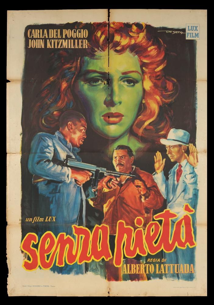 L'immagine riproduce uno dei manifesti conservati presso la Mediateca Regionale Pugliese (vedi Note). Si tratta del manifesto del film "Senza pietà", a firma di Deseta (Enrico De Seta), disegnatore e pittore italiano, noto come fumettista per giornali satirico-umoristici e periodici per ragazzi e soprattutto per la sua produzione di illustrazioni cinematografiche. La sua vena umoristica seppe caratterizzare molte sue opere, ma Deseta ne realizzò anche per film drammatici o western. La composizione si caratterizza per una pittura fatta di pennellate fluide e larghe, espressioniste, pochi colori netti e un taglio compositivo scenografico, fatto di un momento narrativo predominante, con la scena coi criminali in primo piano. Dallo sfondo nero emerge il grande volto intenso...