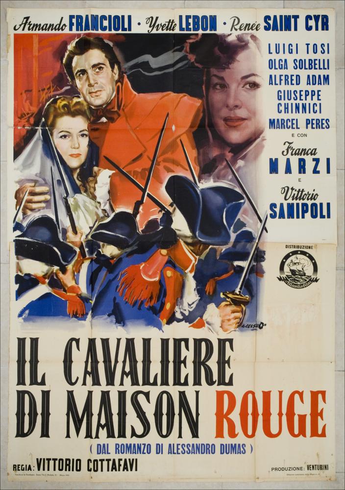 L'immagine riproduce uno dei manifesti conservati presso la Mediateca Regionale Pugliese, esaminati in "Cinema al muro: Angelo Cesselon" (vedi Note). Il manifesto, pur non rendendo completamente l'ambientazione del film, adempie efficacemente alla funzione di polarizzare l'attenzione del fruitore grazie all'uso del colore azzurro intenso e rosso dato quasi sempre a campiture piatte. Un gruppo di soldati francesi, ripresi di spalle, con la tradizionale divisa azzurra e rossa, armati di spada e fucile, occupa il primo piano della scena rappresentata. Il rosso vermiglio è ripreso nel cappotto del giovane cavaliere della Maison Rouge in atteggiamento affettuoso, quasi di difesa verso la Regina Maria Antonietta minacciata dai rivoluzionari. In realtà Cesselon rappresenta sol...