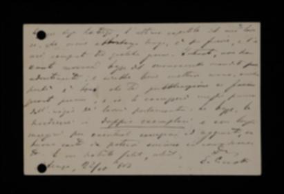Nella cartolina, Ettore Ciccotti comunica di aver quasi concluso l'ultimo capitolo del volume e chiede con urgenza le bozze di quanto già inviato per poterle correggere.