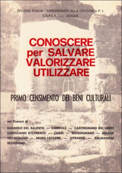 Il volume “Conoscere per salvare valorizzare utilizzare” è parte della grande raccolta denominata “Libri di Puglia” progetto di digitalizzazione a cura di Nicola Pergola che ha lo scopo di rendere fruibile la produzione editoriale dei Centri regionali di servizi educativi e culturali e degli Assessorati alla cultura e alla Pubblica Istruzione della Regione Puglia, dal 1968 agli anni 2000. Maglie, Bagnolo del Salento, Cannole, Castrignano dei Greci, Corigliano d'Otranto, Cursi, Giurdignano, Melpignano, Muro Leccese, Otranto, Palmariggi, Scorrano: un territorio di 250 km quadrati al centro di un'indagine mirata alla valorizzazione di un patrimonio di storia e di arte che rischia il degrado. Esclusi volutamente i beni di interesse paesaggistico, vengono censiti i beni di i...