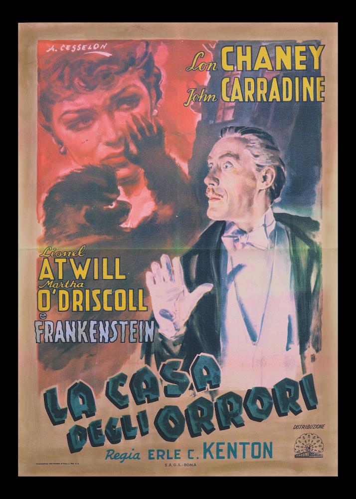 L'immagine riproduce uno dei manifesti conservati presso la Mediateca Regionale Pugliese (vedi Note). Si tratta del manifesto del film "La casa degli orrori", conosciuto in Italia anche come "La casa di Dracula". L'illustrazione pittorica è a firma di Cesselon, considerato uno dei pittori di cinema più originali, per il suo stile fatto di un cromatismo vibrante e dinamico. Nei suoi lavori per il grande schermo, ha sempre prediletto l'uso di tocchi sfumati e leggeri, con contrasti di colore forti e contemporanei. Ma è indubbio che Cesselon fu influenzato anche da una certa tradizione pittorica veneta, che guarda ad artisti come Tiziano e Tiepolo, fino a Giovanni Boldini, soprattutto nelle composizioni diagonali. Magistrale è tutta la composizione e la rappresentazione de...