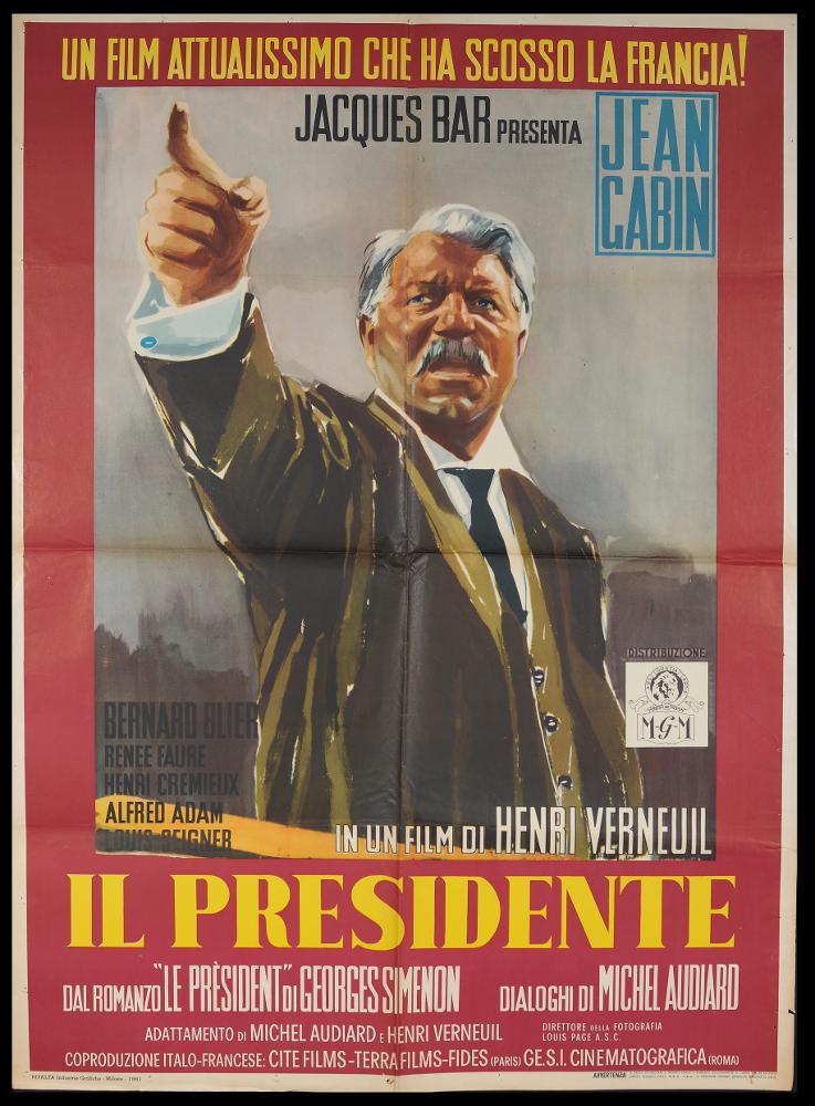 L'immagine riproduce uno dei manifesti conservati presso la Mediateca Regionale Pugliese (vedi Note). Si tratta della versione grafica del manifesto del film "Il Presidente". Senza firma, l'opera mostra una composizione molto moderna, che mescola un'impostazione pittorica a dettagli propriamente grafici. La cornice amaranto infatti accoglie gli elementi descrittivi e informativi del film e racchiude la figura a mezzo busto de "Il Presidente", interpretato da Jean Gabin, ripreso come fosse uno scatto fotografico, su uno sfondo grigio sfumato e informe. Vivace, snella e con pennellate rapide la pittura di questo anonimo artista....