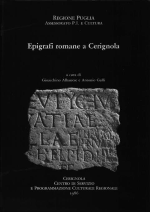 Il volume “Epigrafi romane a Cerignola” è parte della grande raccolta denominata “Libri di Puglia”, progetto di digitalizzazione a cura di Nicola Pergola che ha lo scopo di rendere fruibile la produzione editoriale dei Centri regionali di servizi educativi e culturali e degli Assessorati alla cultura e alla Pubblica Istruzione della Regione Puglia, dal 1968 agli anni 2000. L'ara della dea Bona riadattata ad acquasantiera e murata in una parete del santuario della Madonna di Ripalta, il “titolo di Moccia”, le testate di parapetti di ponte collocate nell'androne del Municipio e le altre otto iscrizioni lapidee di epoca romana presenti nel territorio di Cerignola – o di cui è rimasta traccia solo in documenti letterari – sollevano interrogativi sulle origini della città. A...