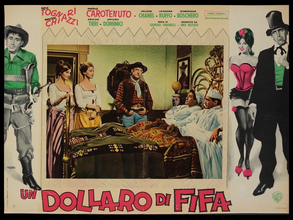 L'immagine riproduce uno dei manifesti conservati presso la Mediateca Regionale Pugliese (vedi Note). Si tratta di uno dei soggetti per la fotobusta del film italiano "Un dollaro di fifa". Giuliano Nistri firma le vivaci e colorate illustrazioni pittoriche che accompagnano la foto di scena centrale. Nistri è un pittore talentuoso, alla ricerca costante di composizioni intense, ma sempre nuove e d'impatto visivo. Le sue scene cupe e drammatiche, con chiaroscuri accentuati sono sempre stati la sua nota stilistica, ma per il film comico italiano sceglie colori brillanti in linea con quelli della fotografia, che rendono tutto l'impianto grafico immediatamente comunicativo ed originale, in chiave western....
