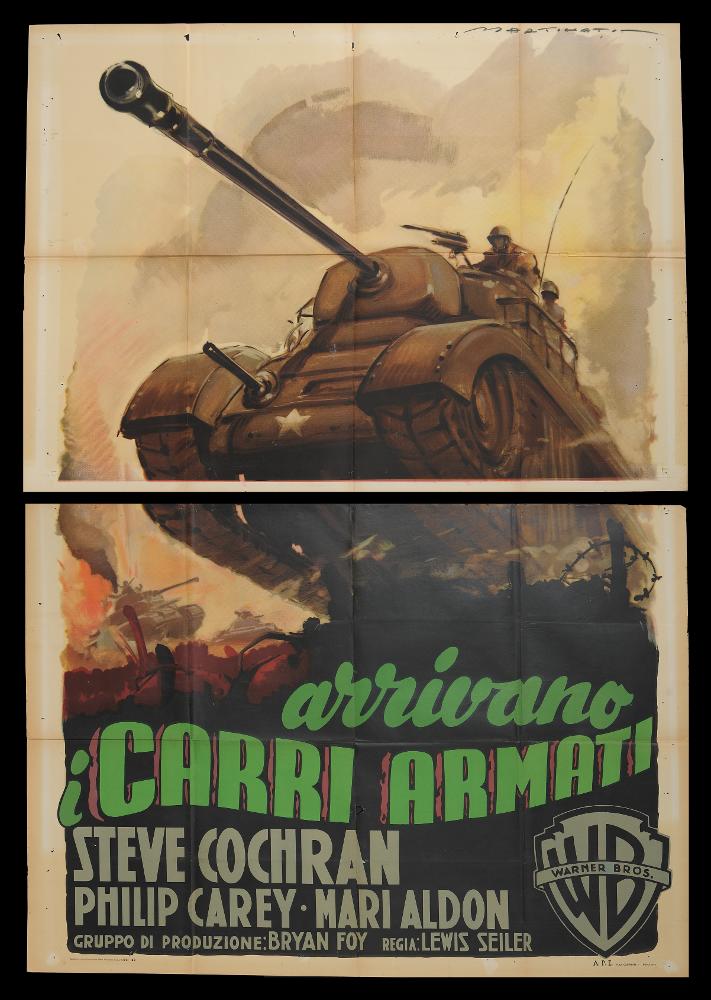 L'immagine riproduce uno dei manifesti conservati presso la Mediateca Regionale Pugliese (vedi Note). Si tratta di uno dei manifesti del film in bianco e nero “Arrivano i carri armati” del 1951 per la regia di Lewis Seiler. La firma che si legge in alto a destra è dell’illustratore Luigi Martinati, toscano di nascita, da considerarsi uno degli interpreti della prima maniera del manifesto di cinema. A differenza degli altri manifesti presenti in collezione, in questo Martinati rappresenta non volti dei protagonisti ma una delle scene di guerra più tragiche del film, riuscendo a rendere visivamente la drammaticità del momento. I colori utilizzati sono molto scuri seppur sfumati. Colpisce il lettering utilizzato per il titolo, corsivo e stampatello divido il periodo in due...