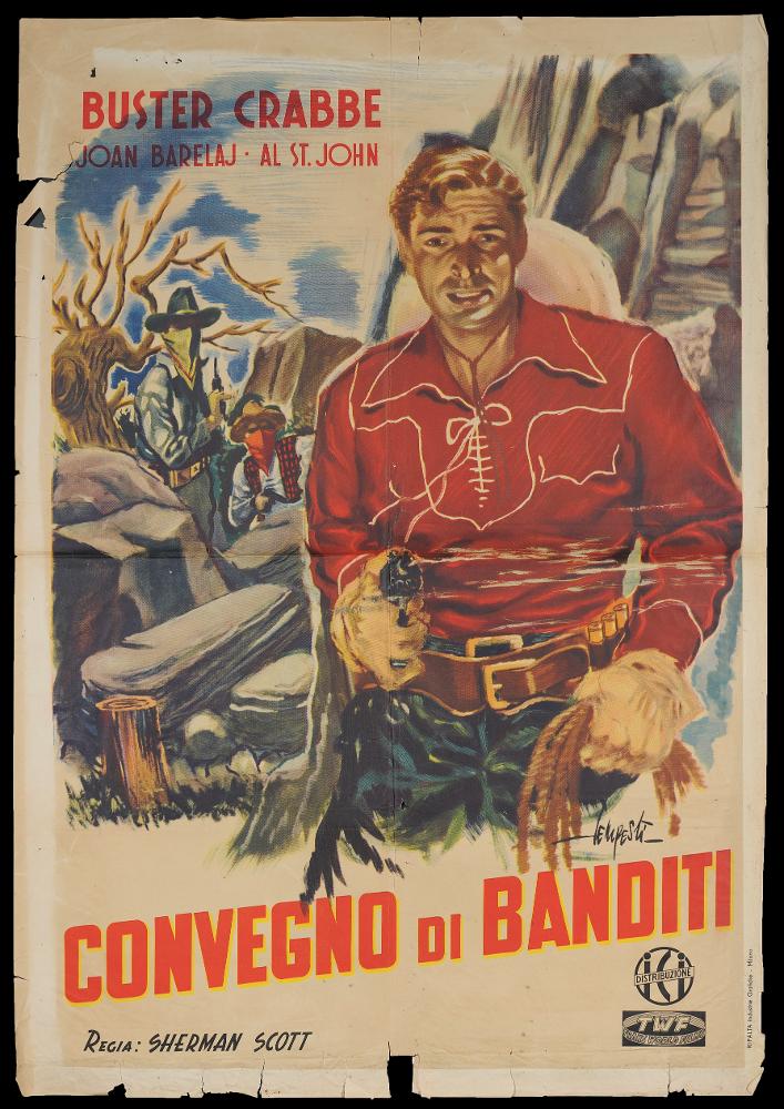 L'immagine riproduce uno dei manifesti conservati presso la Mediateca Regionale Pugliese (vedi Note). Si tratta della versione grafica realizzata per il manifesto del film "Il convegno dei banditi", attribuibile all'illustratore Mario Tempesti. Originario di Trieste, l'artista è famoso per aver illustrato La "Domenica del Corriere" e molte copertine di libri di Oscar Mondadori. Prestò poi la sua opera per il cinema, creando composizioni pittoriche anche per i manifesti. Riuscì ad interpretare l'immaginario popolare dello stile di Hollywood, partendo dalle ispirazioni avute dallo stile di Achille Beltrame. Qui la scena narrata su fondo bianco è unica e con il suo linguaggio figurativo chiaro, fatto di colori netti e puliti e disegni dal chiaro impatto comunicativo, mostr...