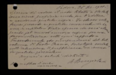 Nella cartolina, Aristide Baragiola si rammarica per il ritardo nella stampa del volume e comunica che si sta occupando di recensire il volume di Paolo Orano, "Psicologia sociale".