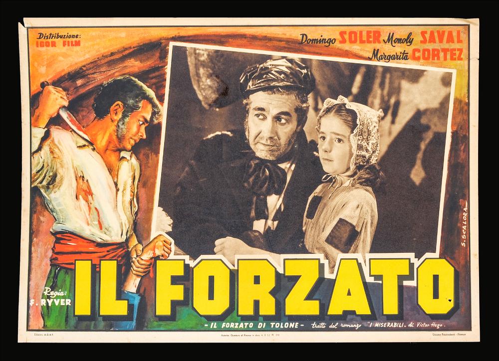 L'immagine riproduce uno dei manifesti conservati presso la Mediateca Regionale Pugliese (vedi Note). Si tratta di uno dei soggetti della fotobusta del film “Il forzato di Tolone”, a firma dell’illustratore Scalora S. Come di consueto, la composizione è occupata da una fotografia di scena significativa del film, una rielaborazione del più noto “I miserabili” di Victor Hugo. L'insieme si contraddistingue per le tinte calde e sfumate, per i toni drammatici; l'illustrazione di Scalora rappresenta un momento di morte, con l'uomo col pugnale insanguinato. Il titolo, chiaro e ben evidente, dona un tocco molto decorativo a tutto lo spazio....