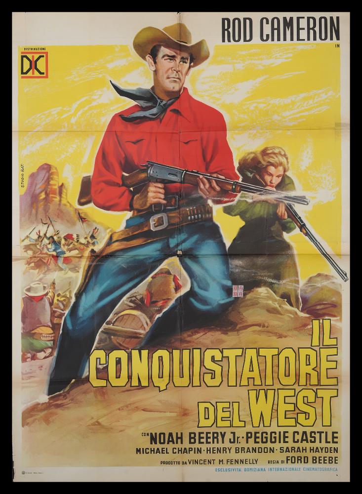 L'immagine riproduce uno dei manifesti conservati presso la Mediateca Regionale Pugliese (vedi Note). Si tratta del manifesto del film "Il conquistatore del West", a firma di Studio Bat. Nonostante non si abbiano informazioni in merito allo studio grafico, soprattutto se possa collegarsi ad artisti che nel campo della pittura da cinema erano già avviati, la composizione mostra un'impostazione piuttosto tradizionale. Il fondo giallo uniforme e luminoso, la piccola scena il lontananza e le alte montagne rocciose rendono l'atmosfera western tra le larghe vedute dei canyon americani. Al centro, a tutta pagina, campeggia la figura del cowboy interpretato da Rod Cameron. La pittura si mostra piuttosto morbida e uniforme....