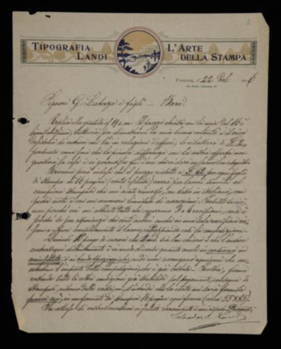 Nella lettera, Salvatore Landi accetta la richiesta di Laterza di ribassare il prezzo indicato in altra missiva ma ribadisce e precisa le condizioni contrattuali che gli ha già espresso.