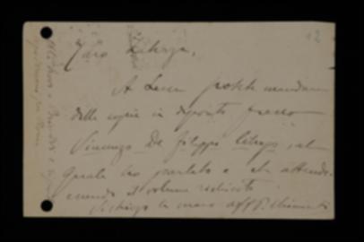 Nella cartolina, Pietro Chimienti chiede a Laterza di inviare delle copie del volume a Vincenzo De Filippi, libraio in Lecce.