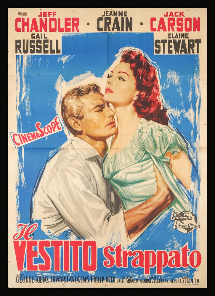 L'immagine riproduce uno dei manifesti conservati presso la Mediateca Regionale Pugliese (vedi Note). Si tratta di una delle versioni grafiche del manifesto del film noir “Il vestito strappato” del 1957 per la regia di Jack Arnold. La composizione grafica si presenta povera di elementi narrativi, infatti unici sono i due protagonisti, posti centralmente sullo sfondo azzurro realizzato con pennellate non uniformi. I due personaggi sembrano essere inseriti in una cornice e sono immortalati in un abbraccio sensuale. Si noti il forte realismo nella rappresentazione dei volti e dei particolari degli abiti....