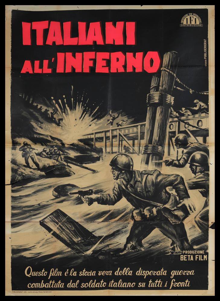 L'immagine riproduce uno dei manifesti conservati presso la Mediateca Regionale Pugliese (vedi Note). Si tratta di uno dei manifesti del film-documentario “Italiani all’inferno” del 1960 per la regia di Enrico Novaro, firmato dallo studio grafico Publiserigraf. Della composizione grafica colpisce subito il tocco di rosso del titolo sulla pagina in contrasto con il nero ed il grigio scelti per rappresentare, attraverso l’exemplum di un soldato, i momenti tragici che hanno segnato la Storia dal 1940 al 1943. In primo piano è ben tratteggiato il soldato che combatte su diversi fronti, come è possibile osservare dai particolari dell'ambientazione. Nella parte inferiore vi è una didascalia in corsivo che esplicita la natura documentaristica del film “Questo film è la storia ...