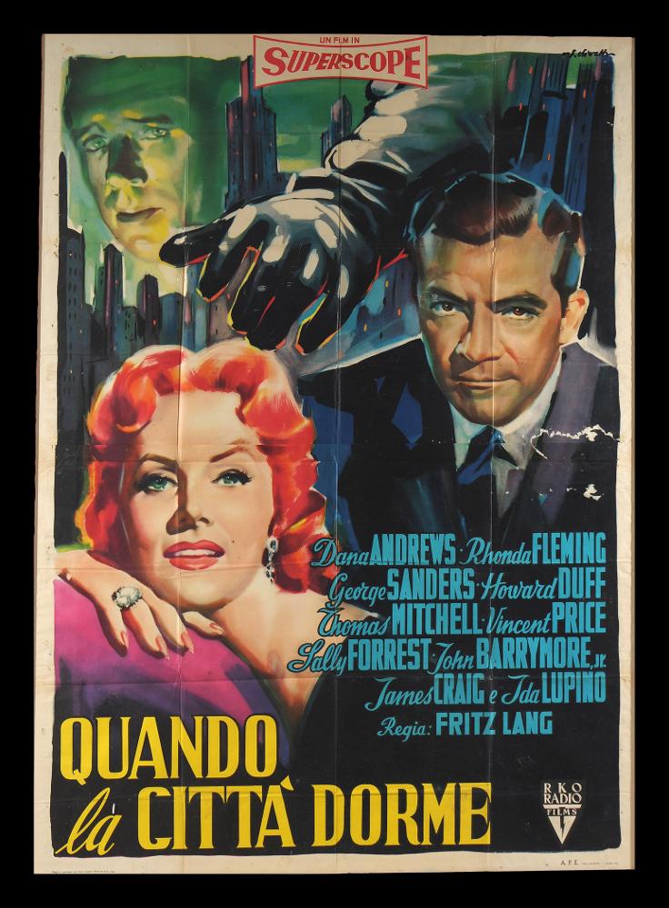 “Quando la città dorme” (While the City Sleeps) è un film del 1956 diretto da Fritz Lang, su sceneggiatura di Casey Robinson e Charles Einstein. Tra gli interpreti principali ricordiamo Dana Andrews, Rhonda Fleming, George Sanders, Howard Duff.
Il manifesto cinematografico è firmato dal celebre pittore di cinema Giorgio Olivetti, artista bolognese classe 1908. Le figure in primo piano sono acquerellate con colori brillanti e campiture di colori vivaci. La composizione è lineare e bidimensionale, caratterizzata da chiaroscuri sintetici che enfatizzano la teatralità della scena.
Il manifesto originale è conservato nell’Archivio della Mediateca Regionale Pugliese....
