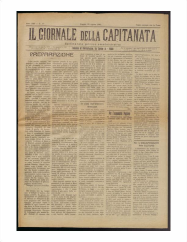 Il documento è parte della collezione del fondo libri digitalizzati della Biblioteca provinciale La Magna Capitana di Foggia, comprendente alcune monografie di diversi secoli e periodici del Novecento. Nello specifico si tratta del decimo numero del periodico “Il Giornale della Capitanata – Settimanale politico amministrativo”, pubblicato il 29 agosto 1920. In questo numero si susseguono notizie e riflessioni sul territorio e sulla cronaca cittadina. In particolare, in terza pagina, si legge che tra le urgenze più manifeste sul territorio locale vi è quella del posizionamento dei mercati pubblici. L'Amministrazione pensò di ubicarne due come piazze coperte, corredate di uffici, tettoie, recinti ed altro, uno nell'antico mercato del pesce "Vulgo Piazzetta", l'altro nell'...
