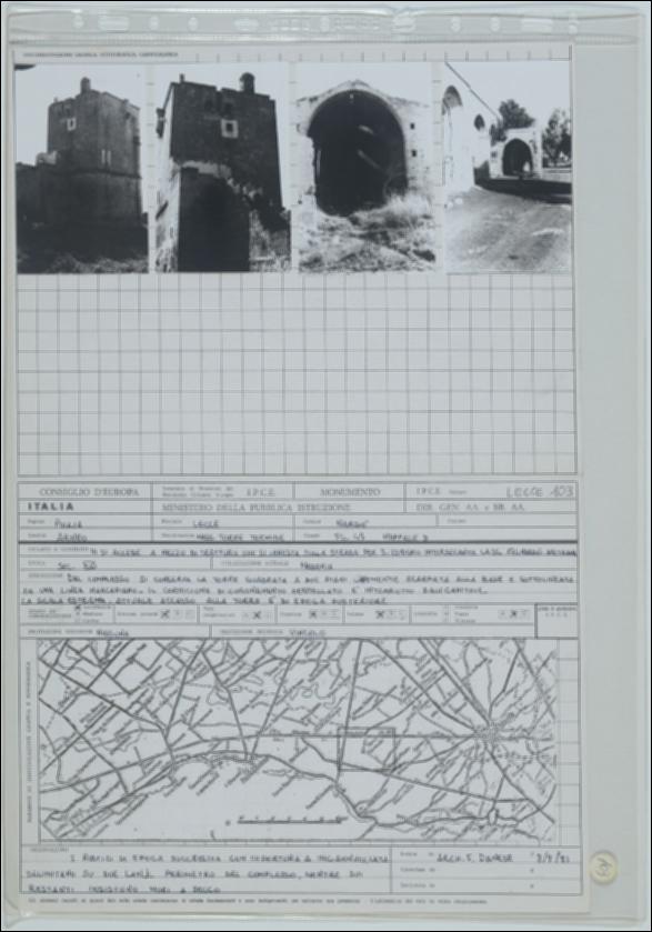La scheda in oggetto è parte del volume “Censimento delle opere fortificate in Puglia”, risultato dell'attività promossa dalla Regione Puglia tra il 1981 e il 1982, per individuare e descrivere le principali costruzioni in muratura presenti nel territorio. Composta da due fogli sciolti, è redatta dall'architetto F. Danese l'8 settembre 1981. La masseria Torre Termide è situata a Nardò in provincia di Lecce, in zona rurale. La masseria risale probabilmente al XVI secolo e presenta una torre quadrata su due livelli e due corpi di fabbrica posticci su due lati del perimetro del complesso. La torre è composta da una base scarpata, decorata dal toro marcapiano ed un cornicione superiore dentellato fornito di caditoie. La struttura muraria è composta da conci in pietra locale...
