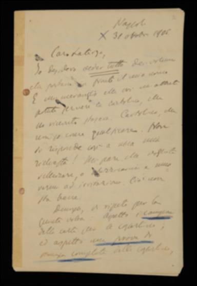 Nella lettera, Benedetto Croce si lamenta della mancata spedizione dei campioni di carta e delle prove di stampa della copertina per la collana filosofica; lamenta inoltre di non aver ancora ricevuto le bozze dell'annuncio pubblicitario dei primi volumi della collana. Infine gli comunica che la correzione delle bozze del volume di Immanuel Kant è a buon punto.