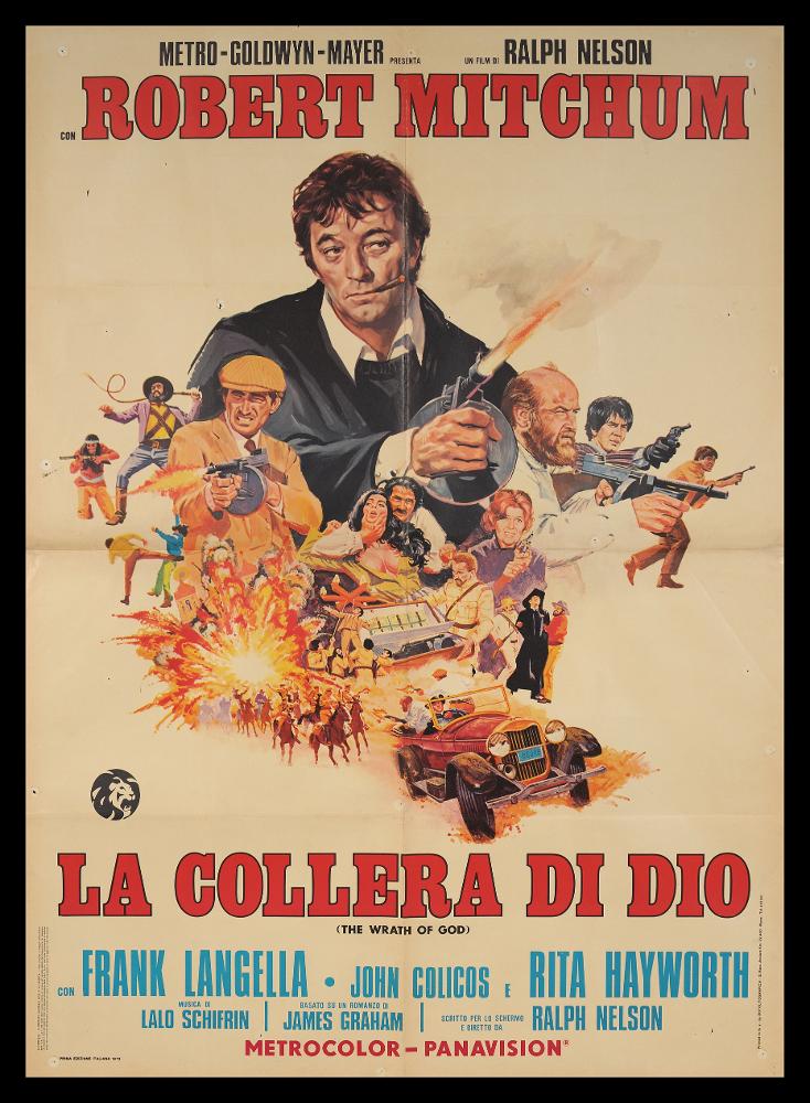 L'immagine riproduce uno dei manifesti conservati presso la Mediateca Regionale Pugliese (vedi Note). Si tratta del manifesto del film americano degli anni '70 "La collera di Dio". Anche se senza autore, la composizione mostra elementi pittorici e grafici tipici di questa fase del manifesto cinematografico, come il fondo bianco che esalta il gruppo delle figure centrale. Pregevole e degno di nota il ritratto a mezzo busto di Robert Mitchum, fedele ed espressivo, che spunta da un caotico gruppo di figure molto colorate che raccontano momenti e personaggi del film. Tutto l'insieme ha già uno stampo più illustrativo e pubblicitario, dall'effetto accattivante e comunicativo....