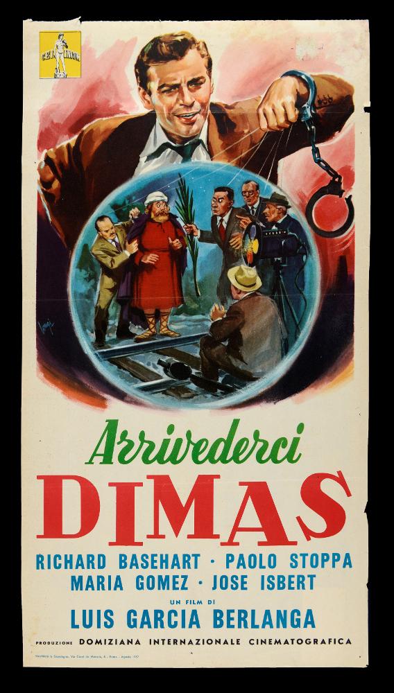 Arrivederci, Dimas (Los jueves, milagro) è un film di genere commedia del 1957 diretto da Luis García Berlanga. La locandina è a firma dell' artista, disegnatore e grafico, Carlantonio Longi (Longi) che ha sperimentato durante la sua carriera diversi stili: dal tradizionale sfumato, policromo e narrativo degli anni Trenta, fino alle sintesi grafiche contemporanee fatte di pochi colori e disegni lineari. In quest' opera, il ritratto di Richard Basehart, nel ruolo di Martino, tira le fila dei gruppo nella realizzazione del finto miracolo per risollevare le sorti economiche del piccolo villaggio di Fuentecilla. La locandina originale è conservata nell’Archivio della Mediateca Regionale Pugliese....