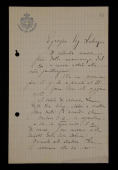 Nella lettera, Pietro Chimienti lamenta con garbo il ritardo nell'uscita del volume dovuto alla correzione del nome di Bismarck, e ribadisce che poteva essere apportata solo in copertina.