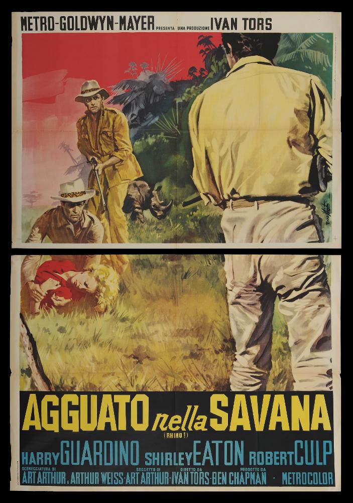 L'immagine riproduce uno dei manifesti conservati presso la Mediateca Regionale Pugliese (vedi Note). Si tratta di una delle versioni grafiche del manifesto del film “Agguato nella savana” del 1964 per la regia di Ivan Tors a firma dell’illustratore Lorenzo Nistri (Enzo Nistri). Pittore romano che firmò migliaia di manifesti per il cinema, Nistri si contraddistinse per un linguaggio maturo, uno stile semplice ed elegante che "si presta a raccontare ogni storia" (Baroni, 2018). Molti suoi lavori infatti si riconoscono per il tratto raffinato, ma al tempo stesso dalla forte intensità costruttiva data anche da un sapiente uso dei colori netti e spesso contrastanti, che aiutano a ben definire le figure e le scene descritte. In questo manifesto veniamo catapultati nella sava...
