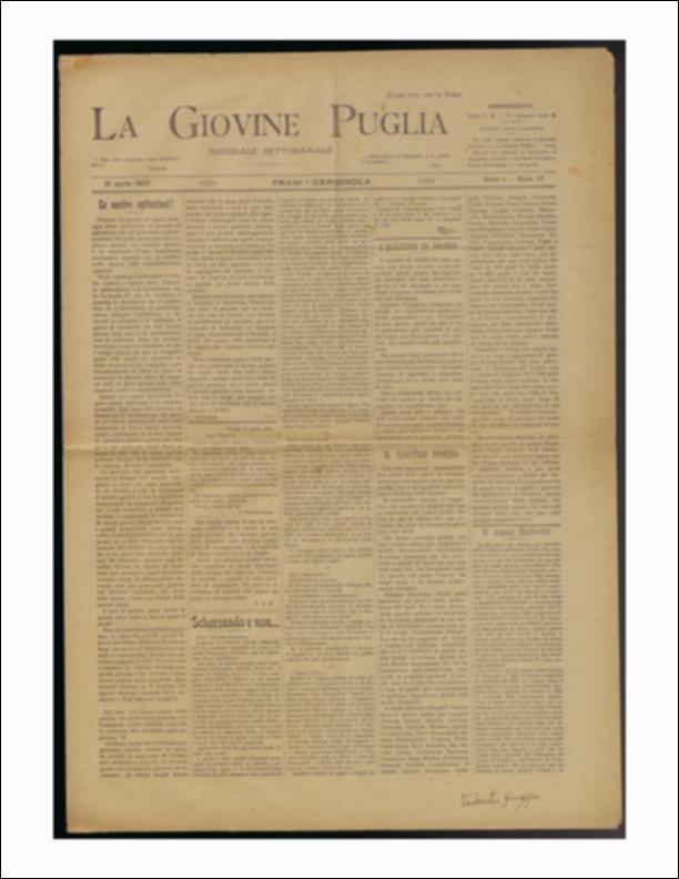 Il documento è parte della collezione del fondo libri digitalizzati della Biblioteca provinciale La Magna Capitana di Foggia, comprendente alcune monografie di diversi secoli e periodici del Novecento. Nello specifico si tratta del num. 17 dell'anno I de “La Giovine Puglia. Giornale socialista settimanale” del 21 aprile 1907. Il giornale si apre con le vicende di Cerignola. Ogni anno la città attraversa un periodo di agitazione relativo alla situazione agricola e ai divari tra lavoratori e capitalisti. Questi malcontenti si accentuano in Capitanata nel periodo invernale quando il contadino ha problemi con la produttività del terreno e il giornale un rimedio nell'istituzione di istituti agrari o l'istituzione temporanea di magazzini di generi. Un trafiletto sempre in pri...