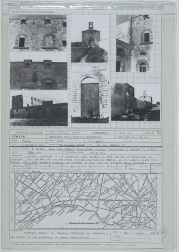 La scheda in oggetto è parte del volume “Censimento delle opere fortificate in Puglia”, risultato dell'attività promossa dalla Regione Puglia tra il 1981 e il 1982, per individuare e descrivere le principali costruzioni in muratura presenti nel territorio. Composta da tre fogli sciolti, è redatta dall'arch. F. Danese il 3 settembre 1981. La masseria Carignano Grande è situata a Nardò in provincia di Lecce, in zona rurale. Il complesso monumentale si compone della masseria, di una torre a pianta quadrata e di una chiesetta con vela databili alla metà del 1500, simili alle costruzioni realizzate dall’architetto militare Giacomo Dell’Acaia. Il complesso architettonico si compone di volumi distinti, alcuni  posticci, con decori esterni che impreziosiscono i prospetti; l’int...
