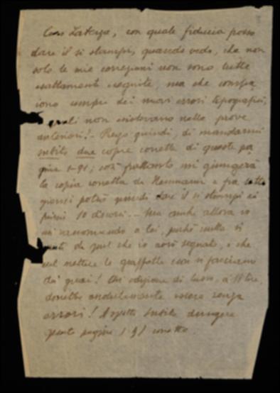 Nella lettera Giuseppe De Lorenzo rimprovera a Laterza il persistere di vecchi errori tipografici e la comparsa di nuovi nelle bozze del suo volume da lui già accuratamente corrette. Chiede perciò all'editore di prestare la massima attenzione nella stampa e gli intima di inviargli subito copia delle pagine già corrette prive di errori e refusi.