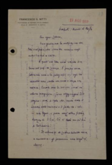 Nella lettera, Francesco Saverio Nitti manifesta a Laterza il suo entusiasmo per la qualità del volume di De Lorenzo e avvisa che seguiranno a breve altri volumi. Ribadisce all'editore di pubblicare non molto, ma di elevata qualità e precisa che lui al momento non può fornire materiale.