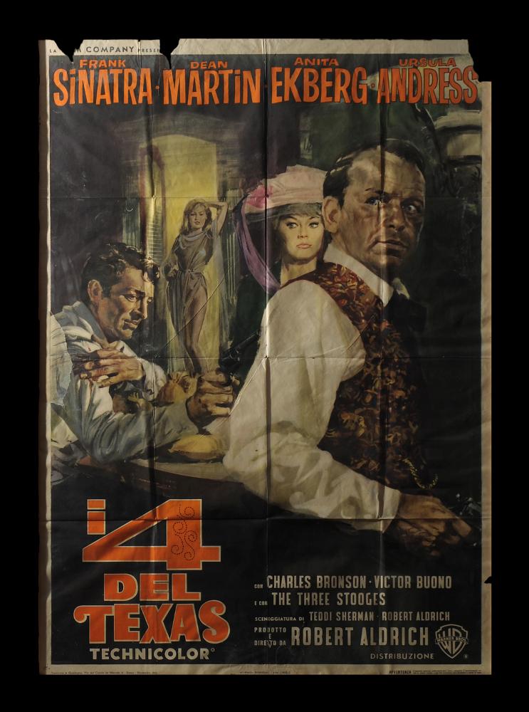 Il manifesto cinematografico è firmato dal celebre pittore di cinema Averardo Ciriello, milanese classe 1918, con la direzione artistica di Parmigiani, come si evince dalle informazioni situate in basso. Il suo stile pittorico è colto, maturo e raffinato sia nei ritratti sia nelle scene in cui il colore è utilizzato in tutte le sue gamme, conferendo all’immagine una dinamicità narrativa straordinaria. I 4 del Texas ( titolo originale: 4 for Texas) è un film del 1963 diretto da Robert Aldrich, con Frank Sinatra, Dean Martin, Anita Ekberg, Ursula Andress e Charles Bronson. Ambientata in Texas durante il periodo del Far West. Il manifesto originale è conservato nell’Archivio della Mediateca Regionale Pugliese....
