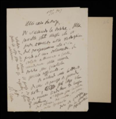 Nella lettera Benedetto Croce, oltre a informare Giovanni Laterza che gli ha rinviato alcune bozze corrette, lo invita ad attenersi ad un programma precedentemente fissato. Gli comunica di accludere una lettera di F. Ageno, propostosi come traduttore, della quale tuttavia non v'è traccia. Infine sollecita l'editore a riflettere con attenzione sulla scelta della tipografia che stamperà il suo sistema filosofico.