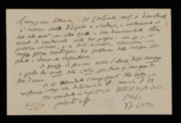 Nella cartolina, Benedetto Croce esprime all'editore Laterza il proprio parere favorevole alla pubblicazione del volume di Andrea Galante sui rapporti fra Stato e Chiesa in Inghilterra, purché non superi un certo numero di pagine. Lo informa poi di aver spedito il resto del manoscritto del proprio volume di logica e le bozze de "La Critica". Infine gli richiede gli elenchi di distribuzione del periodico per apportarvi delle modifiche.