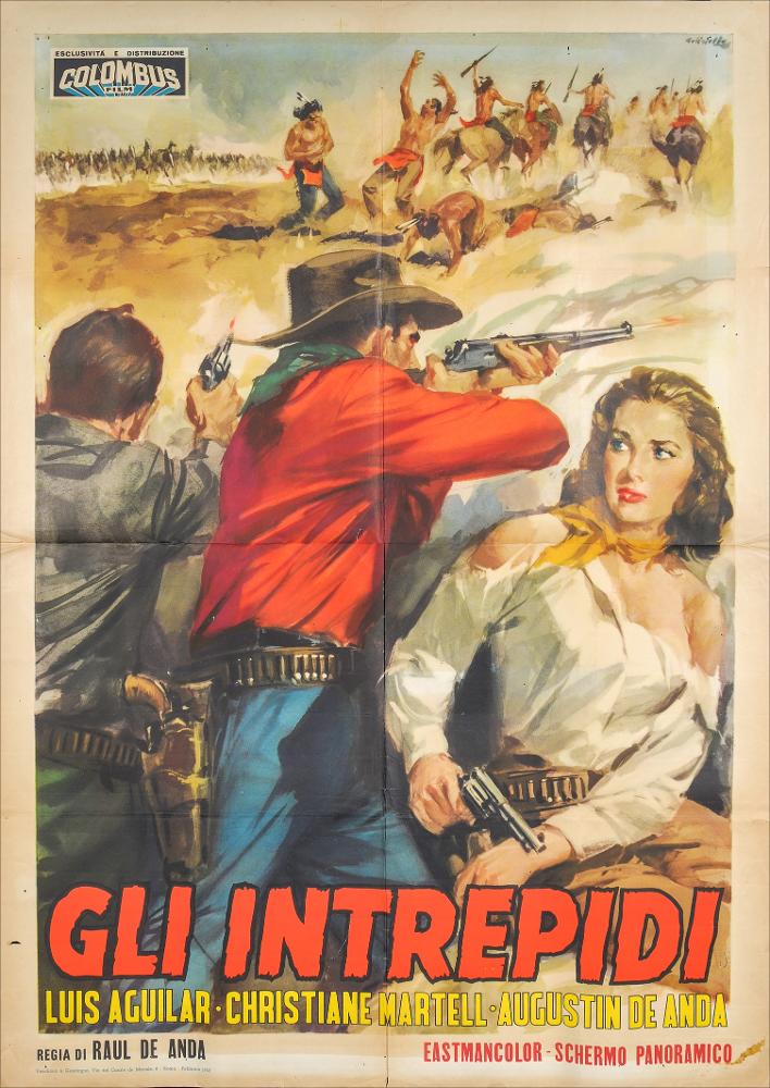 L'immagine riproduce uno dei manifesti conservati presso la Mediateca Regionale Pugliese (vedi Note). Si tratta di una delle versioni grafiche del manifesto del film messicano “Gli intrepidi” del 1968, per la regia di Raúl de Anda. La firma che leggiamo in alto a destra appartiene all’illustratore Averardo Ciriello (A. Ciriello) che iniziò a lavorare come pubblicitario presso l’agenzia ‘Non plus ultra’ a Milano e poi presso la ‘Ima’, la più grande agenzia di pubblicità in Italia. Il suo talento come disegnatore di arte figurativa lo porteranno anche a lavorare nel campo editoriale per numerosi giornali. Ciriello sin dagli esordi mostrò un linguaggio elaborato e uno stile pittorico colto e maturo, sia nel ritratto che nelle scene narrative come si può ben notare in quest...