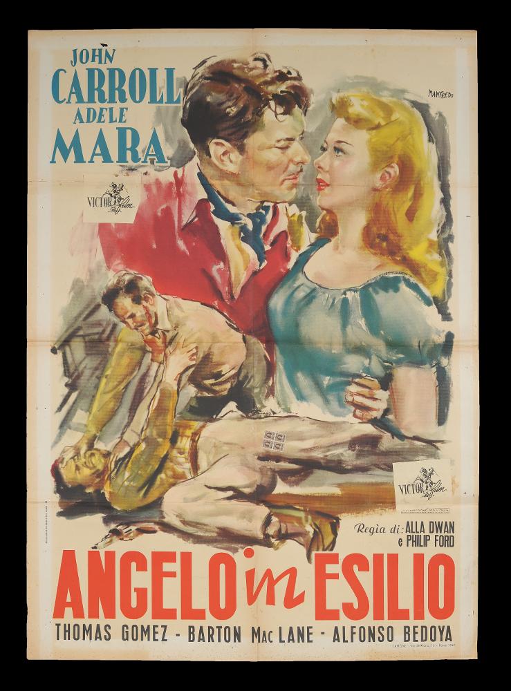 L'immagine riproduce uno dei manifesti conservati presso la Mediateca Regionale Pugliese (vedi Note). Si tratta della locandina del film "Angelo in esilio", la cui composizione artistica è a firma di Manfredo Acerbo (Manfredo). Abruzzese di nascita, si forma a Roma all'Accademia di Belle Arti. La sua carriera lavorativa lo vede insegnante di pittura, grafico e illustratore per il cinema. Il suo stile si contraddistingue da un segno grafico espressionista, dall'accostamento del nero a colori accesi e da una composizione fatta di macchie e pennellate rapide, molto contemporanee, che certamente lo distingueranno dagli altri pittori di cinema, rendendolo inequivocabilmente riconoscibile. In molti suoi lavori le forme delle figure e dei personaggi sono frammentati e imprecis...