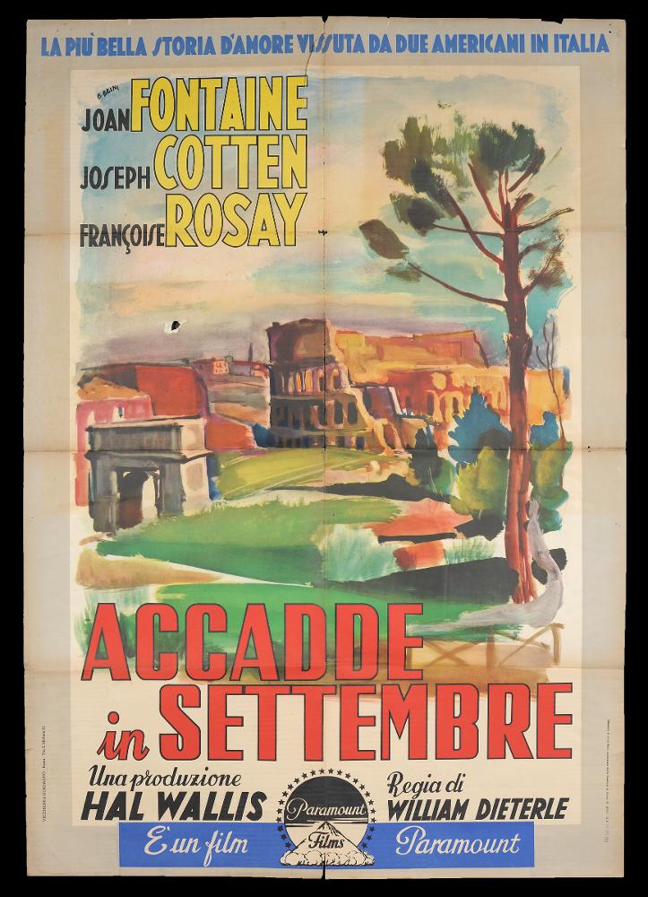 L'immagine riproduce uno dei manifesti conservati presso la Mediateca Regionale Pugliese (vedi Note). Si tratta del manifesto del film "Accadde a settembre", la cui illustrazione è a firma di Ercole Brini. Delicato in tutte le composizioni pittoriche che contraddistinguono le sue opere, anche qui Brini predilige l'uso degli acquerelli, tecnica che gli permetteva di creare racconti in cui le figure si fondono al paesaggio, figure diverse si fondono una nell'altra, in atmosfere impalpabili e ricche di fascino. La bella veduta romana realizzata per il manifesto è poetica e malinconica, nel ricordo di grandi artisti come Morandi e di altri della corrente Novecento. "Le composizioni di Brini si caratterizzano per modernità e scioltezza" (Baroni, 2018) e l'artista emoziona co...