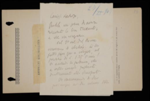 Nella lettera, Benedetto Croce informa Laterza di alcune spese sostenute per il secondo volume di Giordano Bruno e lo esorta ad avviare la lavorazione di altri due volumi per la “Collezione filosofica”. Gli suggerisce di spedire alcuni volumi richiesti per una recensione su una rivista spagnola.