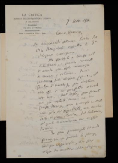 Inviando le bozze del volume di Giambattista Vico, nella lettera Benedetto Croce comunica a Giovanni Laterza che Achille Pellizzari rinuncia alla revisione dei volumi degli scrittori d'Italia e si limiterà a curare qualche edizione, come quella di Guittone d'Arezzo. Il filosofo poi, modificando le norme fissate per la spedizione delle bozze della collezione, prega l'editore di spedirle tutte a Fausto Nicolini, il quale si occuperà di distribuirle ai curatori, di ritirarle e di sollecitarli. Infine il Croce avverte di essere l'unico a poter licenziare i volumi di Thomas Hobbes e René Descartes.