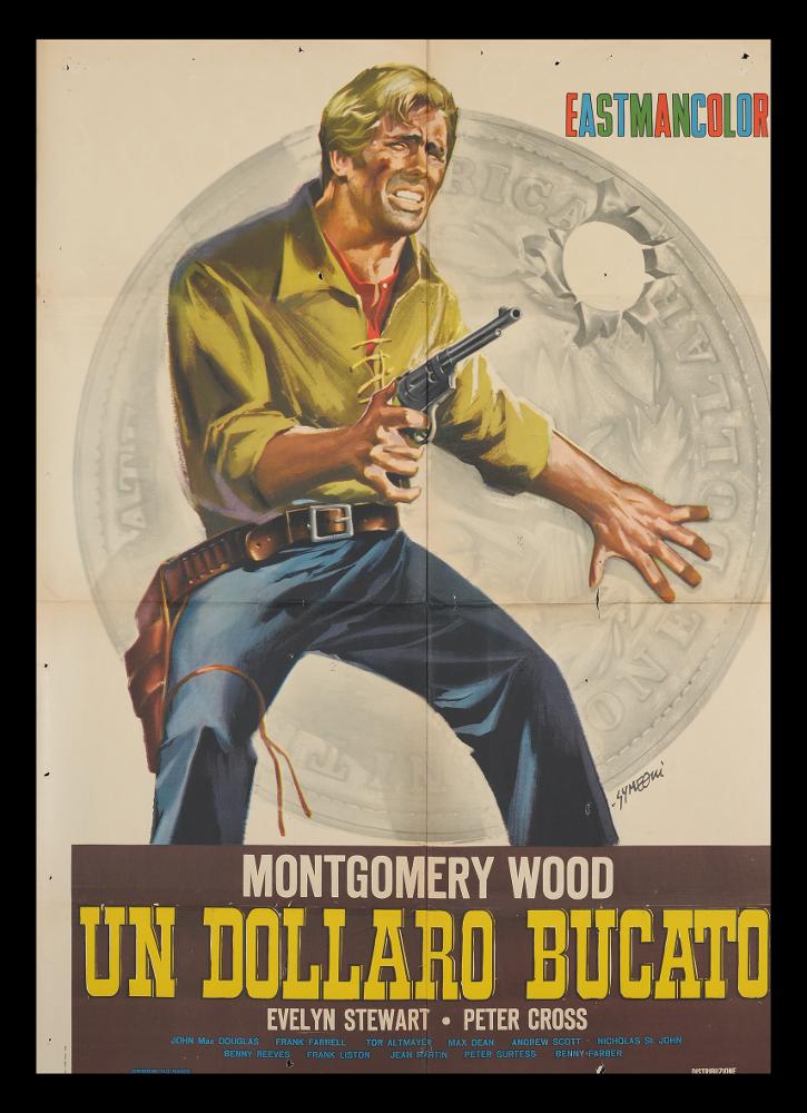 L'immagine riproduce uno dei manifesti conservati presso la Mediateca Regionale Pugliese (vedi Note). Si tratta della versione grafica realizzata per il manifesto del film "Un dollaro bucato", a firma di Symeoni. Noto per essere uno dei pittori di cinema più prolifici, Sandro Symeoni si distinse per una grande pittoricità, un gusto originale basato sulla bellezza formale, soprattutto femminile, e più tardi per composizioni moderne basate su ritmi spezzati e drammatici. Realizzata alla metà degli anni '60 per il film western italiano, l'illustrazione pittorica in oggetto si caratterizza per la figura intera del protagonista, in cui si riconosce un giovane Giuliano Gemma, conosciuto anche con il nome americanizzato (tendenza di moda per il genere dell'epoca) di Montgomery...