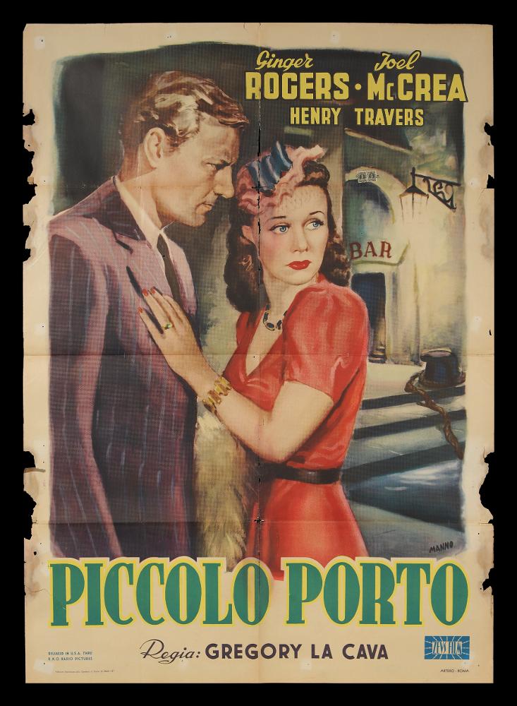 L'immagine riproduce uno dei manifesti conservati presso la Mediateca Regionale Pugliese (vedi Note). Si tratta di uno dei manifesti del film “Piccolo porto” del 1940 per la regia di Gregory La Cava. La firma che si legge è dell’illustratore Manno (Manno Dante), pittore formatosi all'Accademia di Belle Arti, dove fu allievo di Duilio Cambellotti. Questo influenzerà la sua carriera, dedicandosi totalmente alla pittura di cinema, sua grande passione fino alla crisi degli anni '70. L'uso degli acquerelli e della tempera, di colori compatti e pastosi rendono le sue figure ben definite e morbide, unendo un certo stile classico e accademico ad una grafica moderna. Manno, come molti altri pittori dell'epoca dediti alla pittura per manifesti, si fece interprete del filone Neore...