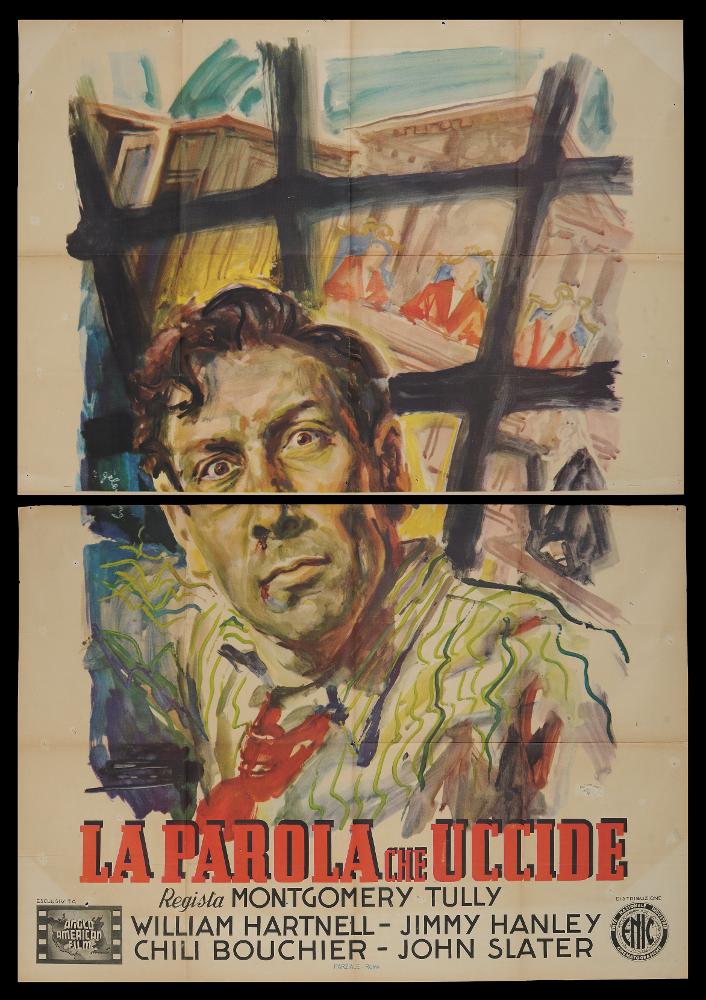 “La parola che uccide” (Murder in Reverse) è un film del 1945, diretto da Montgomery Tully, su sceneggiatura di Austin Small e Montgomery Tully. Tra gli interpreti principali ricordiamo William Hartnell, Jimmy Hanley, Chili Bouchier e John Slater.
Il manifesto è firmato dal celebre Rinaldo Gèleng, artista romano eclettico che intraprende la sua carriera grafica e pittorica negli anni ’40, per lavorare anche a Parigi nel decennio successivo, e poi tornare a Roma. L’atmosfera dei suoi dipinti è spesso surreale, la sua tecnica fresca e pittorica. Da non dimenticare le sue doti da ritrattista che rintracciamo in maniera evidente in questo pregiato manifesto con il protagonista in primo piano.
Il manifesto originale è conservato nell’Archivio della Mediateca Regionale Puglie...