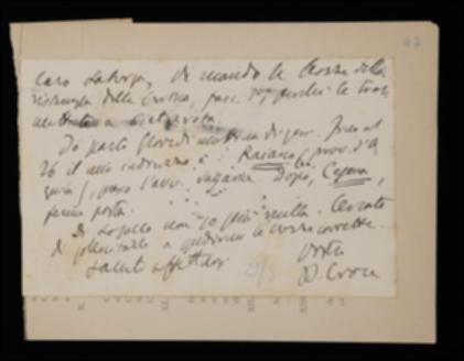 Nella cartolina, Benedetto Croce comunica a Giovanni Laterza l'invio delle bozze del suo periodico per la ristampa e lo avvisa della sua prossima partenza per Raiano (AQ) e Cesena. Invita quindi l'editore a sollecitare Michele Losacco, curatore del volume di Friedrich W.J. Schelling, a concludere il proprio lavoro.