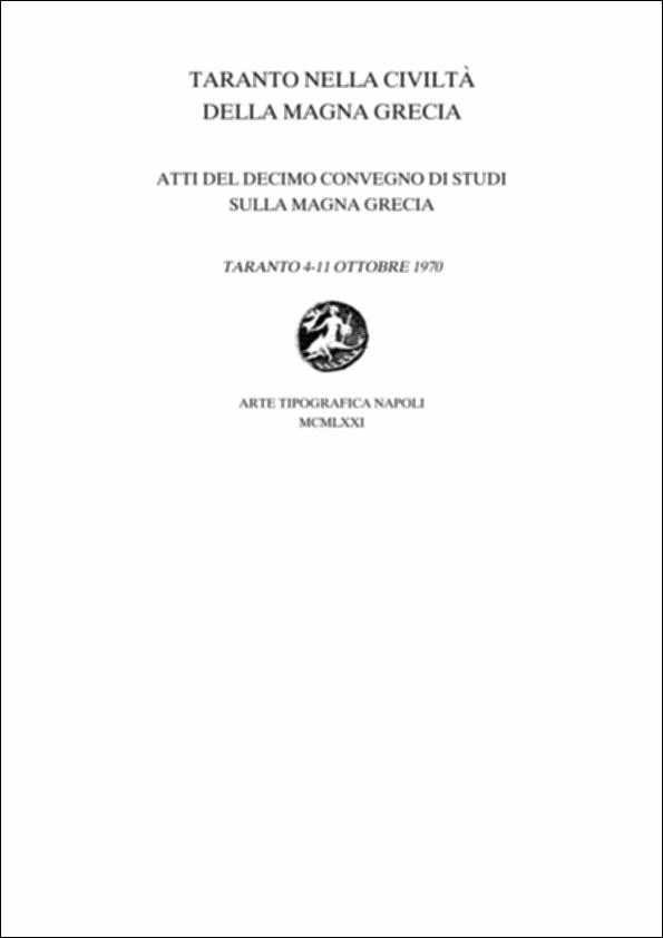 Il volume digitalizzato contiene gli Atti del decimo convegno di Studi sulla Magna Grecia, svoltosi a Taranto dal 4 all'11 novembre 1970 e pubblicato a cura del Centro Studi della Magna Grecia dell'Università di Napoli e dell'Ente provinciale per il turismo di Taranto. La pubblicazione raccoglie relazioni e discussioni su vari aspetti della storia, della topografia e della cultura artistica tarantina, partendo dal tema “Taranto nella civiltà della Magna Grecia”. La conferenza inaugurale è stata tenuta dal professor Pierre Wuilleumier, autore del volume “Taranto dalle origini alla conquista romana”. Segue l'intervento del prof. Luigi Moretti “Problemi di storia tarantina” che, partendo dall'analisi delle popolazioni pregreche della Puglia, ripercorre la fondazione di Tar...