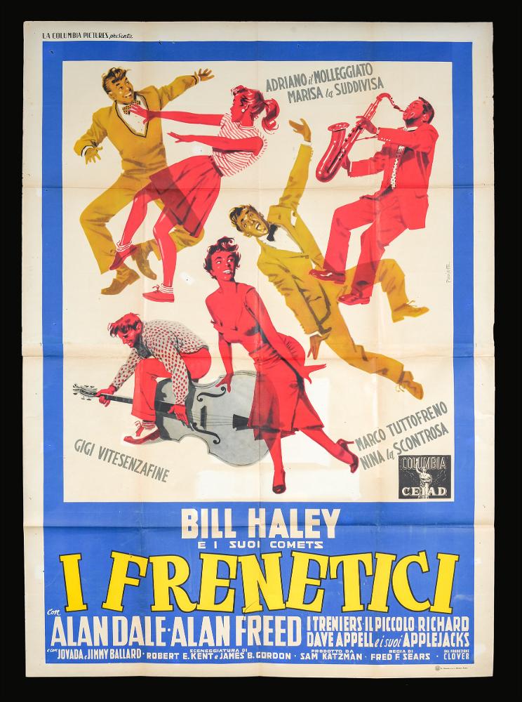 “I frenetici” è un film musicale del 1956 (titolo originale “Don't Knock the Rock”) diretto da Fred F. Sears, su sceneggiatura scritta da Robert E. Kent.
Tra gli interpreti principali ricordiamo Bill Haley and i Comets, Alan Dale, Alan Freed, i Treniers, Little Richard, Dave Appel e gli Applejacks.
Il manifesto cinematografico è a firma di Proietti, artista dall’identità sconosciuta. Lo stile grafico è moderno, la composizione dinamica, caratterizzata da personaggi disposti in ordine sparso che ballano sfrenatamente il rock 'n' roll. Singolare anche la scelta dei colori molto vivaci.
Il manifesto originale è conservato nell’Archivio della Mediateca Regionale Pugliese....