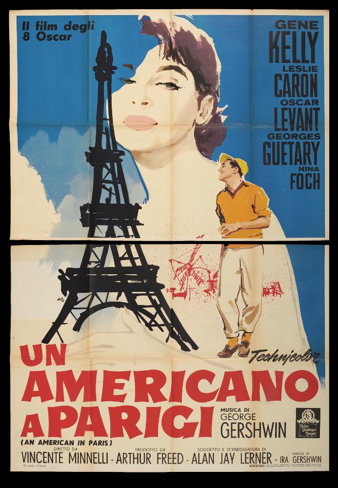 L'immagine riproduce uno dei manifesti conservati presso la Mediateca Regionale Pugliese (vedi Note). Si tratta di una delle versioni grafiche del manifesto del film “Un americano a Parigi”, a firma di Nano, nome d'arte di Silvano Campeggi, come si evince dalla firma in basso a destra. Illustratore e pittore di fama mondiale, allievo di Luigi Martinati, fu autore di alcuni tra i più bei manifesti del cinema italiano come 'Via col vento', 'Ben Hur e i suoi quattro cavalli bianchi' e 'Colazione da Tiffany'. Il suo linguaggio stilistico si basa sulla sintesi di forme e linee, prediligendo campiture di colore ampie e nette per definire movimenti e figure dai volumi compatti. Usa disegni apparentemente semplici ma di grande raffinatezza stilistica, toni di colore monocromati...