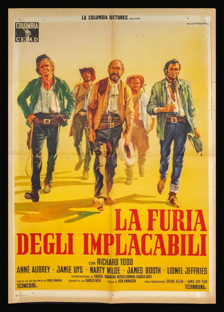 L'immagine riproduce uno dei manifesti conservati presso la Mediateca Regionale Pugliese (vedi Note). Si tratta di una delle versioni grafiche per il manifesto del film "La furia degli implacabili" del 1961 per la regia di Ken Annakin. La composizione grafica è a firma di Capitani Alfredo (A. Capitani), illustratore e cartellonista cinematografico tra i più importanti sulla scena italiana tra gli anni cinquanta e settanta del Novecento. Capitani fondò uno studio nel 1919 per la realizzazione di manifesti pubblicitari e poi con Luigi Martinati una società per il lancio di pellicole cinematografiche. Il suo stile richiama quello di Ballester, con un uso di colori luminosi e sfumati con effetti di mirabile enfasi pittorica. In linea con gli altri manifesti dell’artista, an...