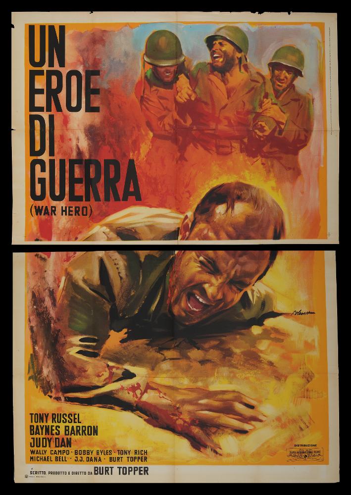 L'immagine riproduce uno dei manifesti conservati presso la Mediateca Regionale Pugliese (vedi Note). Si tratta nello specifico di una delle versioni grafiche del manifesto del film “Un eroe di guerra”, del 1961 per la regia di Burt Topper a firma dell’illustratore bolognese Olivetti (Olivetti Giorgio) come si evince dalla firma in basso a destra. La composizione grafica presenta pochissimi elementi, in primo piano il protagonista immortalato in un momento di disperazione, steso al suolo ferito e con segni di dolore sul volto ben rappresentati; sulla sfondo tre soldati ripresi sempre durante l’attacco. Tutto il manifesto è realizzato sulle tonalità dell’arancio, del rosso e del giallo sfumate, per aggiungere più o meno intensità al fuoco della battaglia....