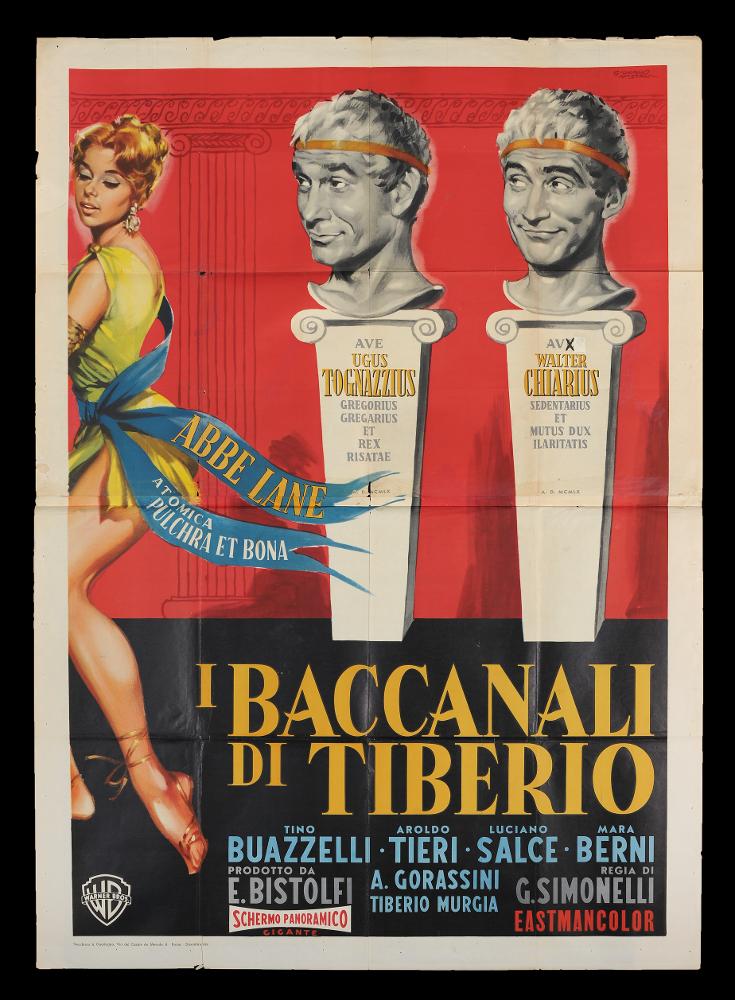 L'immagine riproduce uno dei manifesti conservati presso la Mediateca Regionale Pugliese (vedi Note). Si tratta di una delle versioni grafiche del manifesto del film "I baccanali di Tiberio" del 1959 per la regia di Giorgio Simonelli. La locandina è a firma di Giuliano Nistri, tra i pittori di cinema più originali e maturi, dallo stile riconoscibile per la vena drammatica della composizione. In questo caso però, la trasposizione grafica riguarda una commedia fantastica, basata sull’espediente del viaggio nel tempo. Gli elementi sulla scena sono minimi ma molto esplicativi circa il tempo e luogo d’azione della storia: l'antica Roma. Vediamo infatti su due piedistalli, riproposti con i busti tipici romani, i volti ironici dei due protagonisti, esplicitati dalle iscrizioni...